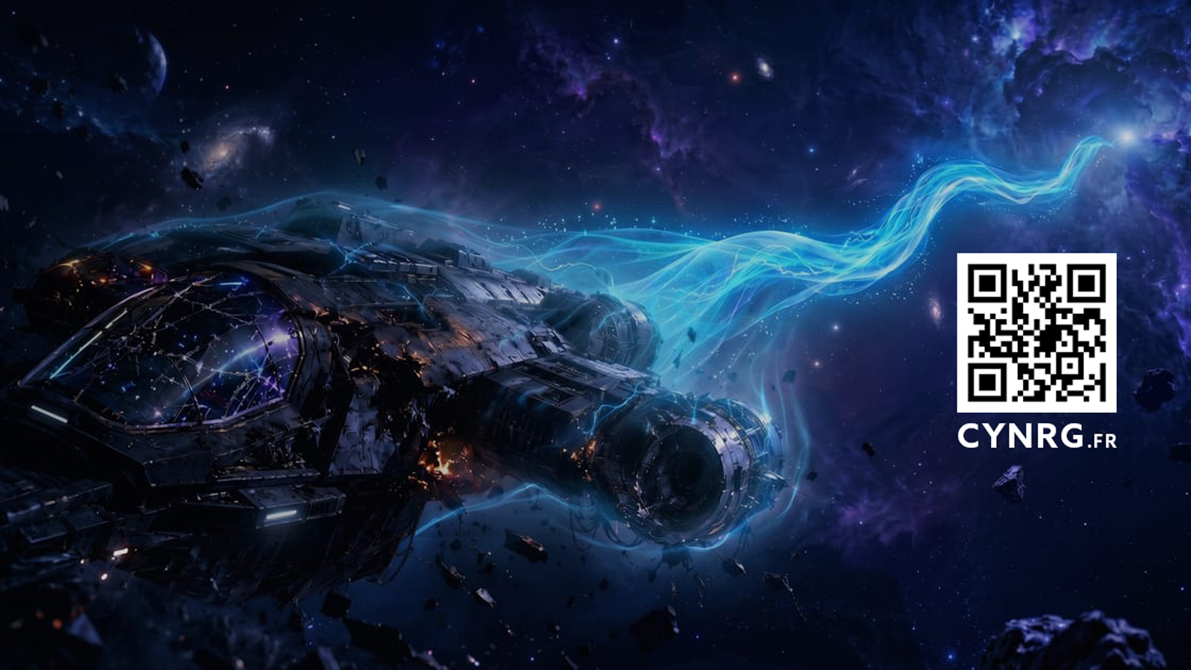 Le vaisseau du Fondateur de CYNRG, sauvé par un mystérieux filament d'énergie cyan