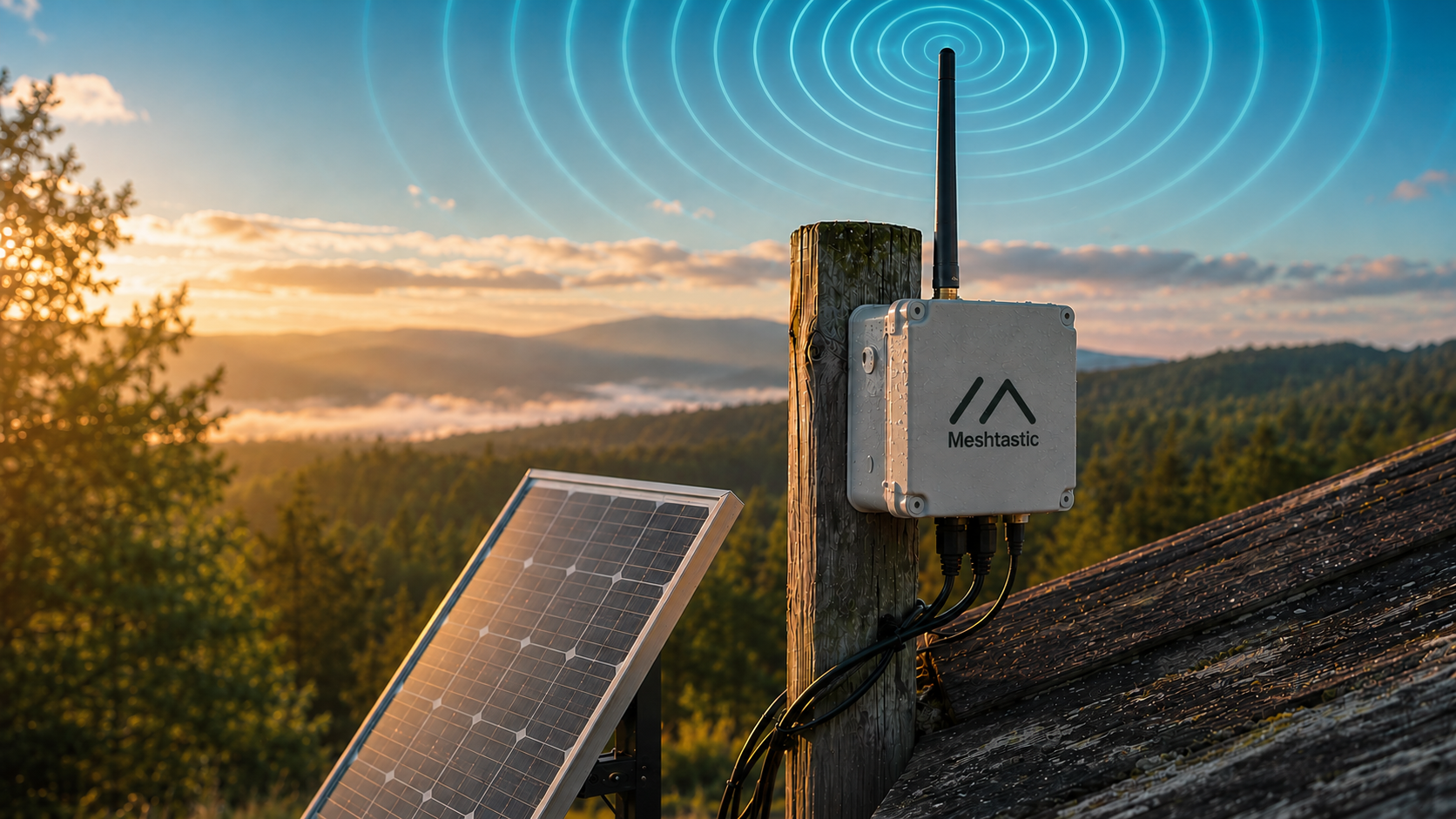 Un nœud Meshtastic autonome en pleine nature, avec une antenne LoRa pointant vers le ciel
