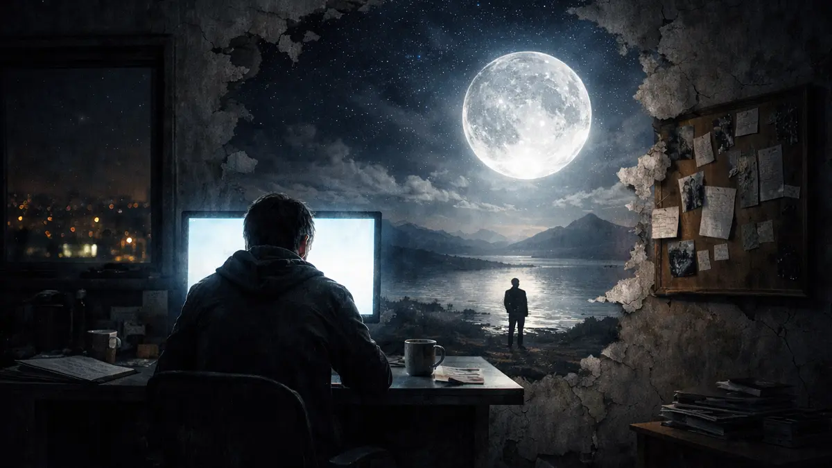 Une personne seule face à son écran la nuit, métaphore du questionnement existentiel et du décalage entre vie réelle et aspirations profondes